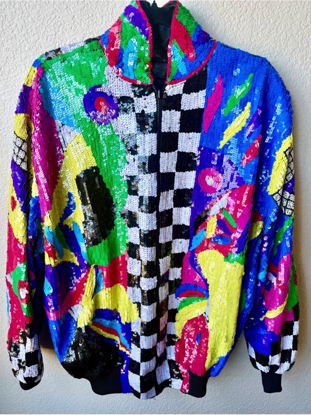 Vintage Gantos Sequin Abstract Checkered Bomber Jacket - Multicolor XXL